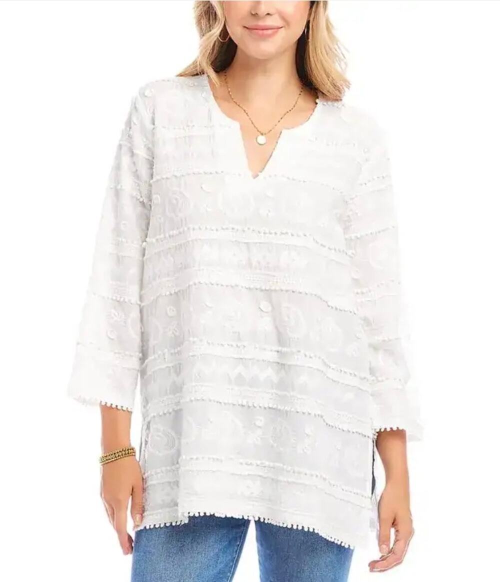NWT Karen Kane Embroidered Cotton Tunic Top White Petite MP Boho $128